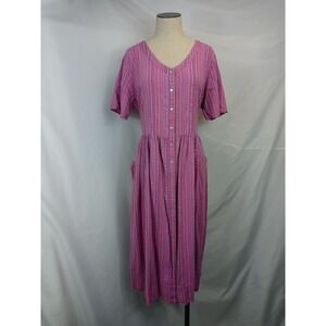 Vintage Woman Within Size‎ Large Pink Striped Button Front Midi Dress Pockets